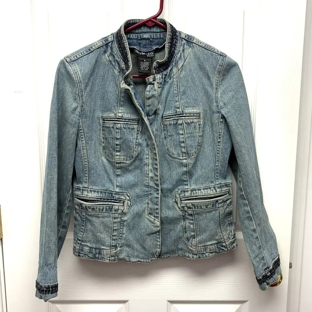 Style & Co Jean Jacket Beaded Cropped Denim Coat, Mandarin Collar, Size MP